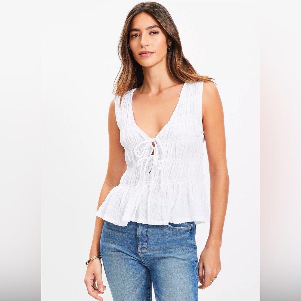 Loft, Double Tie Smocked Top, color white, size M